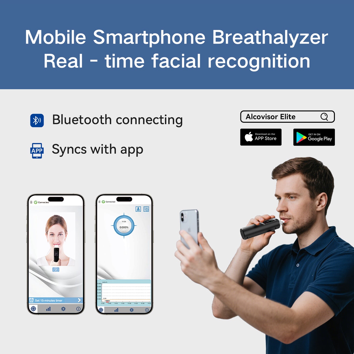 Smart Rechargeable Breathalyzer - High-Precision Fuel Cell Sensor Alcohol Tester with 1.3" Color LCD Screen, Bluetooth App Integration for Personal Tracking, Portable & Discreet with Tri-Color LED Alert